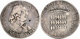 MONACO
Honoré II (1604-1662). Écu 1651. 
Av. Buste drapé et cuirassé à droite. Rv. Écu couronné aux armes des Grimaldi.
CC. 33. G. 30. 26,61 grs.
...