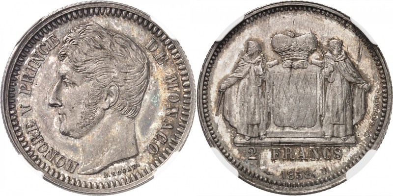 MONACO
Honoré V (1819-1841). 2 francs 1838, essai en argent sur flan bruni. 
A...