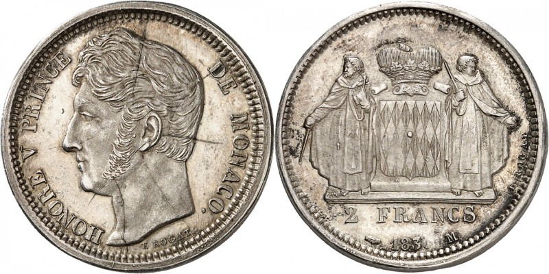 MONACO
Honoré V (1819-1841). 2 francs 183-, essai en argent sur flan bruni. 
A...
