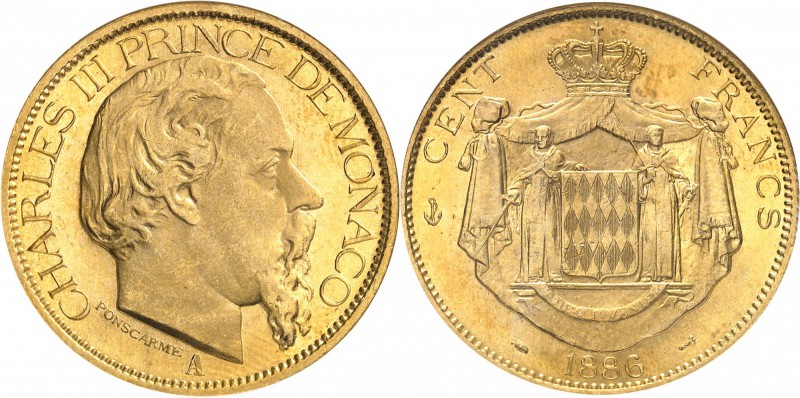 MONACO
Charles III (1856-1889). 100 francs 1886, Paris.
Av. Tête à droite. Rv....