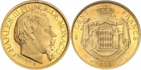 MONACO
Charles III (1856-1889). 100 francs 1886, Paris.
Av. Tête à droite. Rv. Écu des Grimaldi posé sur un manteau couronné. 
Fr. 11.
NGC MS 65 W...