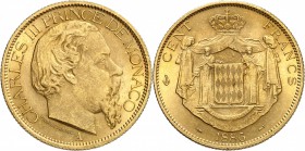 MONACO
Charles III (1853-1889). 100 francs 1886. 
Av. Tête à droite. Rv. Écu couronné aux armes des Grimaldi.
G. MC122. 32,24 grs.
Superbe
