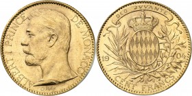 MONACO
Albert Ier (1889-1922). 100 francs 1904.
Av. Tête à gauche. Rv. Écu couronné aux armes des Grimaldi.
CC. 180, Fr. 13, G. MC124. 32,24 grs. ...