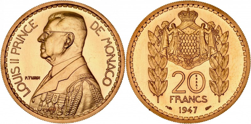 MONACO
Louis II (1922-1949). 20 francs 1947, essai en or.
Av. Buste à gauche. ...