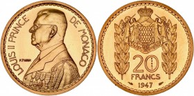 MONACO
Louis II (1922-1949). 20 francs 1947, essai en or.
Av. Buste à gauche. RV. Écu couronné aux armes des Grimaldi entre deux épis. 
G. MC137.
...