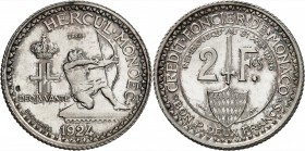 MONACO
Louis II (1922-1949). 2 francs 1924, essai en argent.
Av. Héraclès à droite. Rv. Valeur, légende circulaire.
G. MC129. 11,63 grs.
Poinçon à...