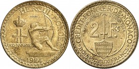 MONACO
Louis II (1922-1949). 2 francs 1924, essai en bronze-aluminium.
Av. Héraclès à droite. Rv. Valeur, légende circulaire.
G. MC129. 7,98 grs.
...