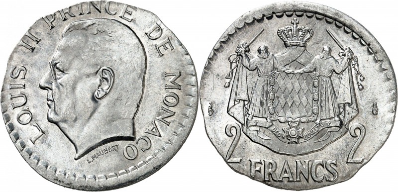 MONACO
Louis II (1922-1949) 2 francs frappé sur un flan de Franc.
Av. Tête à g...