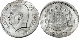 MONACO
Louis II (1922-1949) 2 francs frappé sur un flan de Franc.
Av. Tête à gauche. Rv. Écu couronné aux armes de Grimaldi.
CC. manque, 1,30 grs....
