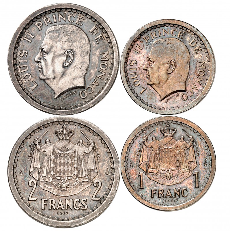 MONACO
Louis II (1922-1949). Coffret contenant 1 et 2 francs non daté (1943), e...