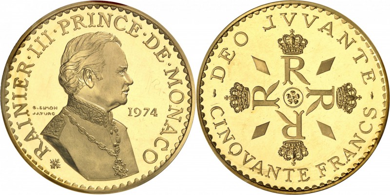 MONACO
Rainier III (1949-2005). 50 francs or 1974, piéfort.
Av. Buste habillé ...
