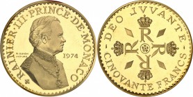 MONACO
Rainier III (1949-2005). 50 francs or 1974, piéfort.
Av. Buste habillé à droite. Rv. Quatre R couronnés. 
CC. 208, G. 162. 102,60 grs. 
Dan...