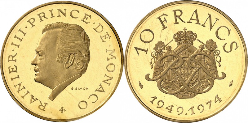 MONACO
Rainier III (1949-2005). 10 francs or 1974, piéfort.
Av. Tête nue à gau...