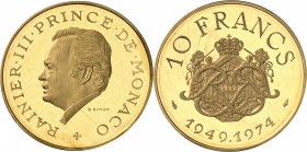 MONACO
Rainier III (1949-2005). 10 francs or 1974, piéfort.
Av. Tête nue à gauche. Rv. Écu couronné aux armes des Grimaldi.
G. 156. 38,80 grs.
Dan...
