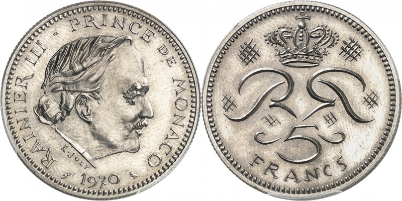 MONACO
Rainier III (1949-2005). 5 francs 1970, pré-série en nickel.
Av. Tête n...