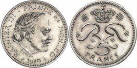MONACO
Rainier III (1949-2005). 5 francs 1970, pré-série en nickel.
Av. Tête nue à droite. Rv. La valeur sous monogramme couronné.
G. 153.
PCGS SP...