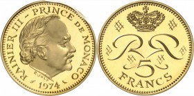 MONACO
Rainier III (1949-2005). 5 francs or 1974, piéfort.
Av. Tête nue à droite. Rv. Deux R couronnés.
G. 153. 39,60 grs.
Dans son sachet d’origi...