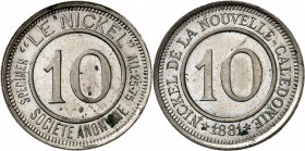 NOUVELLE-CALEDONIE
Société anonyme « Le Nickel ». 10 centimes 1881.
Av. et Rv. Valeur.
Lec. 5. 4,27 grs.
Superbe