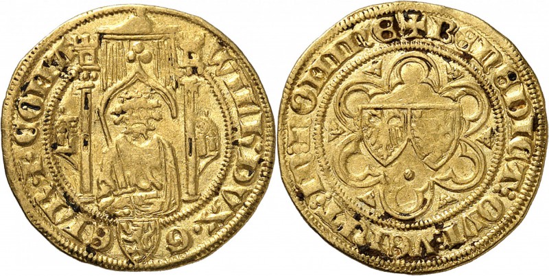 PAYS-BAS
Guillaume Ier (1377-1402). Florin d’or.
Av. Buste de face. Rv. Ecus d...