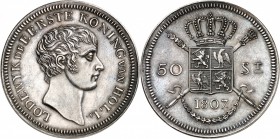 PAYS-BAS
Louis-Napoléon (1806-1810). 50 stuivers 1807, essai en argent par Holtzhey.
Av. Tête nue à droite. Rv. Écu couronné.
Sch. 140. V.G. 1540. ...