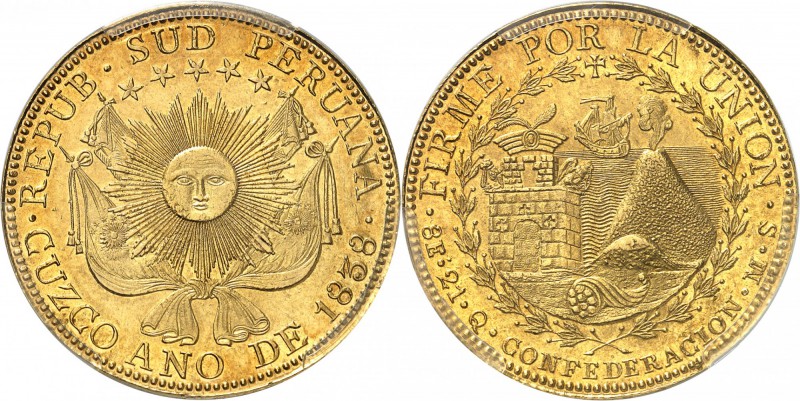 PEROU
République. 8 escudos 1838, Cuzco.
Av. Soleil radiant au centre. Rv. For...