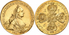 RUSSIE
Catherine II (1762-1796). 10 roubles 1762, Saint-Pétersbourg.
Av. Buste couronné à droite. Rv. Ecussons couronnés de Moscou, Kazan, Sibérie e...