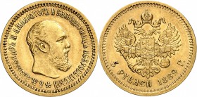 RUSSIE
Alexandre III (1881-1894). 5 roubles 1889 AГ, Saint-Pétersbourg.
Av. Tête à droite. Rv. Aigle bicéphale couronné.
Fr. 168. 6,42 grs.
TTB à ...