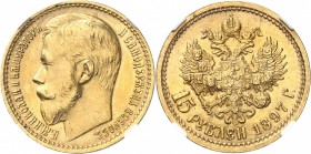 RUSSIE
Nicolas II (1894-1917). 15 roubles.1897 AГ, Saint-Pétersbourg.
Av. Tête à gauche. Rv. Aigle bicéphale couronné.
Fr. 177.
NGC MS 64. Presque...