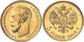 RUSSIE
Nicolas II (1894-1917). 5 roubles 1902 AP, Saint-Pétersbourg.
Av. Tête à gauche. Rv. Aigle bicéphale couronné. 
Fr. 180, Bit 29.
PCGS MS 67...