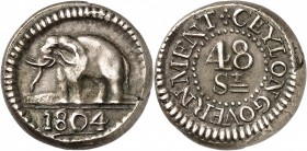 SRI LANKA (CEYLON)
Domination Britannique, Georges III (1760-1820). 48 stuivers 1804.
Av. Éléphant à gauche. Rv. Valeur au centre, légende circulair...
