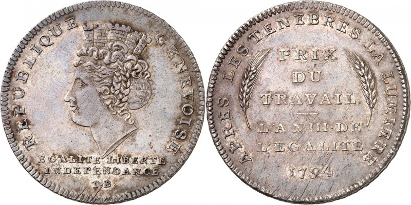 SUISSE
Genève. Thaler 10 décimes 1794.
Av. Tête couronnée à gauche. Rv. Inscri...