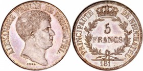 SUISSE
Neuchatel. Alexandre Bertier (1806-1814). 5 francs 181., essai en argent 3 viroles, refrappe postérieure.
Av. Tête nue à droite. Rv. Valeur d...