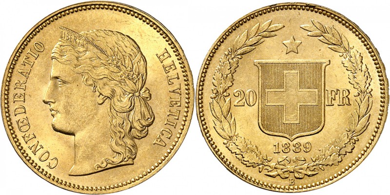 SUISSE
Confédération Helvétique (1848- à nos jours). 20 francs 1889 B, Berne.
...