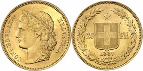 SUISSE
Confédération Helvétique (1848- à nos jours). 20 francs 1889 B, Berne.
Av. Tête laurée à gauche. Rv. Valeur dans une couronne. 
Fr. 495. 6,4...