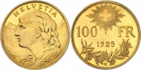 SUISSE
Confédération Helvétique (1848- à nos jours). 100 francs 1925, Berne, frappe sur flan bruni.
Av. Buste à gauche. Rv. Valeur sous la croix féd...