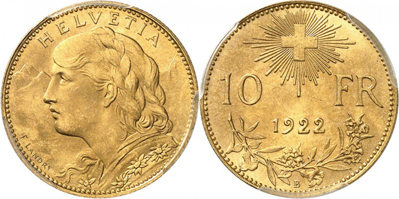 SUISSE
Confédération Helvétique (1848 - à nos jours). 10 francs 1922, Berne.
A...