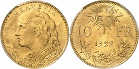 SUISSE
Confédération Helvétique (1848 - à nos jours). 10 francs 1922, Berne.
Av. Buste à gauche. Rv. Valeur sous la croix fédérale.
Fr. 502. 
PCGS...