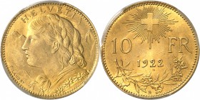 SUISSE
Confédération Helvétique (1848 - à nos jours). 10 francs 1922, Berne.
Av. Buste à gauche. Rv. Valeur sous la croix fédérale.
Fr. 502. 
PCGS...