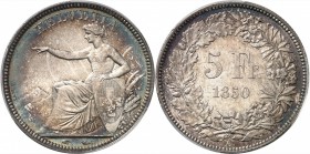 SUISSE
Confédération Helvétique (1848 - à nos jours). 5 francs 1850, Paris.
Av. Helvetia assise à gauche appuyée sur un bouclier aux armes de la sui...