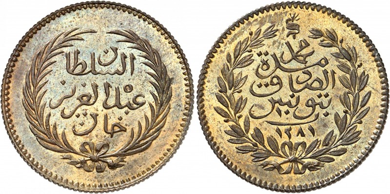 TUNISIE
Abdul Aziz & Muhammad al-Sadiq Bey. 10 piastres 1864, essai en bronze....