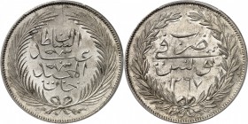 TUNISIE
Abdul Mejid (1255-1277 AH / 1839-1861). 5 piastres AH 1267, Tunis.
Av. et Rv. Inscriptions dans une couronne.
Km. 108.
PCGS MS 65. Fleur d...