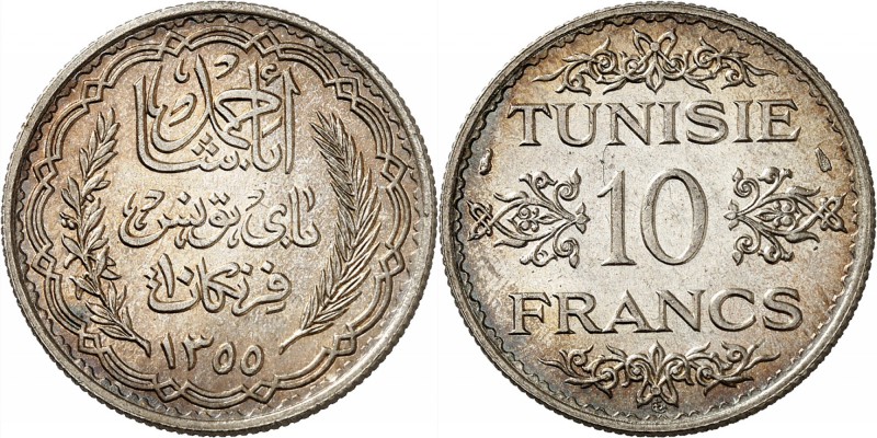TUNISIE
Ahmed Bey (1348-1361 AH / 1929-1942). 10 Francs 1936 (AH 1355).
Av. In...