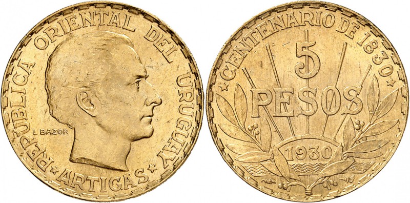 URUGUAY
République (1930 à nos jours). 5 pesos 1930.
Av. Tête nue à droite. Rv...