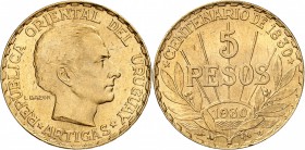 URUGUAY
République (1930 à nos jours). 5 pesos 1930.
Av. Tête nue à droite. Rv. Valeur entre deux branches d’olivier.
KM 27. 8,48 grs.
Superbe...