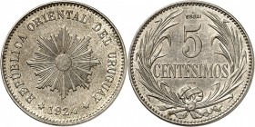 URUGUAY
République (1830 à nos jours). 5 centésimos 1924, Poissy, essai en cupro-nickel.
Av. Soleil radiant au centre. Rv. Valeur dans une couronne....