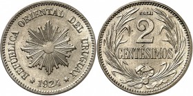 URUGUAY
République (1830 à nos jours). 2 centésimos 1924, Poissy, essai en cupro-nickel.
Av. Soleil radiant au centre. Rv. Valeur dans une couronne....