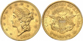 USA
20 dollars Liberté 1853, Philadelphie.
Av. Tête de Liberté à gauche. Rv. Aigle aux ailes déployées.
Fr. 169. 
PCGS AU 55