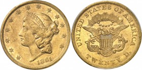 USA
20 dollars Liberté 1861, Philadelphie.
Av. Tête de Liberté à gauche. Rv. Aigle aux ailes déployées.
Fr. 169. 
PCGS AU 55