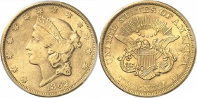 USA
20 dollars Liberté 1862, San Francisco.
Av. Tête de Liberté à gauche. Rv. Aigle aux ailes déployées.
Fr. 174.
PCGS MS 61