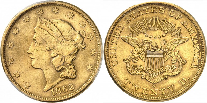 USA
20 dollars Liberté 1862, San Francisco.
Av. Tête de Liberté à gauche. Rv. ...